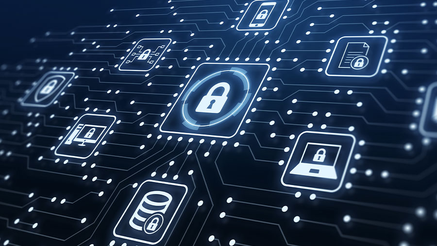  A blue circuit board with a glowing green lock in the center and various symbols representing personal responsibility for cybersecurity during Ramadan in Indonesia.